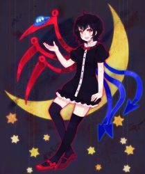 Rule 34 | 1girl, asymmetrical wings, bad id, bad pixiv id, black hair, black thighhighs, crescent moon, dress, female focus, full body, houjuu nue, lips, moon, red eyes, shoes, solo, star (symbol), thighhighs, touhou, ufo, wings, yujup