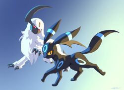 Rule 34 | absol, alternate color, blue background, bright pupils, claws, commentary, creatures (company), english commentary, game freak, gen 2 pokemon, gen 3 pokemon, highres, likey, looking at viewer, nintendo, no humans, pokemon, pokemon (creature), red eyes, shiny pokemon, signature, umbreon, white fur, white pupils