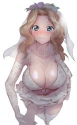 Rule 34 | 1boy, 1girl, absurdres, arm grab, bare shoulders, blonde hair, blue eyes, blush, breasts, bridal veil, cleavage, collarbone, dress, flower, fourth wall, girls und panzer, gloves, hair flower, hair ornament, highres, jewelry, kay (girls und panzer), kyougi sharyou, large breasts, long hair, looking at viewer, necklace, parted bangs, pearl necklace, smile, thighhighs, veil, wedding dress, white dress, white thighhighs