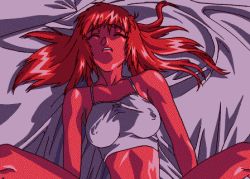 Rule 34 | 1girl, animated, animated gif, bed sheet, bouncing breasts, breasts, covered erect nipples, closed eyes, implied sex, large breasts, long hair, lowres, missionary, red hair, solo, vaginal, viper