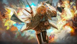 Rule 34 | absurdres, black thighhighs, blonde hair, blue eyes, brown capelet, brown skirt, capelet, collared shirt, explosion, floating hair, gun, handgun, high-waist skirt, highres, holding, holding gun, holding weapon, hololive, hololive english, necktie, one eye closed, quasarcake, red necktie, revolver, running, shirt, shirt tucked in, short necktie, skirt, smile, solo, stethoscope, thighhighs, unworn headwear, virtual youtuber, watson amelia, watson amelia (1st costume), weapon, white shirt