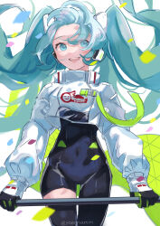Rule 34 | 1girl, absurdres, aqua eyes, aqua hair, asymmetrical bodysuit, black bodysuit, black gloves, bodysuit, boots, commentary request, covered navel, cowboy shot, cropped jacket, facing viewer, flame print, floating hair, gloves, green flag, green gloves, hatsune miku, highres, holding, holding pole, jacket, long hair, long sleeves, open mouth, pole, race queen, racing miku, racing miku (2022), sideways glance, single leg bodysuit, single thigh boot, single thighhigh, smile, smiley face, solo, text print, thigh boots, thighhighs, twintails, two-tone gloves, very long hair, vocaloid, white jacket, wind, ya enami