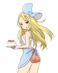 Rule 34 | absurdres, apron, blonde hair, blue eyes, bow, bravely default: flying fairy, bravely default (series), cake, edea lee, food, fruit, hair bow, highres, purdoy25, solo, strawberry, tongue, tongue out