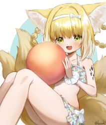 Rule 34 | 1girl, animal ear fluff, animal ears, arknights, artist name, ball, bikini, blush, bow hairband, breasts, collarbone, commentary request, fox ears, fox girl, fox tail, green eyes, hair rings, hairband, highres, holding, holding ball, kesuk0, kitsune, looking at viewer, material growth, multiple tails, open mouth, oripathy lesion (arknights), single wrist cuff, small breasts, smile, solo, suzuran (arknights), swimsuit, tail, wrist cuffs