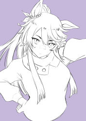 Rule 34 | 1girl, absurdres, akaya shiki, animal ears, arm behind head, bandaid, bandaid on face, bandaid on nose, closed mouth, ear ornament, hair between eyes, hand on own hip, highres, horse ears, horse girl, long hair, long sleeves, looking at viewer, monochrome, narita brian (umamusume), ponytail, simple background, solo, sweater, umamusume, white background