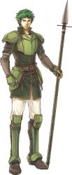 Rule 34 | 1boy, armor, armored boots, boots, fire emblem, fire emblem: the sacred stones, full body, gauntlets, gloves, green armor, green hair, kyle (fire emblem), lance, male focus, nintendo, polearm, solo, transparent background, wada sachiko, weapon