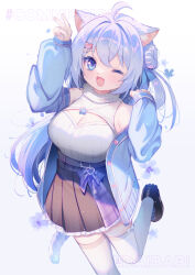 Rule 34 | 1girl, :d, ahoge, animal ears, armpit crease, bare shoulders, black footwear, black skirt, blue cardigan, blue eyes, blue hair, blush, breasts, buttons, cardigan, cat ears, cat girl, cat tail, cleavage cutout, clothing cutout, commission, cowboy shot, d omm, fang, foot up, hair between eyes, hair bun, hair ornament, hand up, heart, heart hair ornament, high-waist skirt, large breasts, legs apart, loafers, long hair, long sleeves, looking at viewer, miniskirt, off shoulder, one eye closed, open cardigan, open clothes, open mouth, original, pleated skirt, raised eyebrows, ribbed shirt, shirt, shirt tucked in, shoes, sidelocks, simple background, single side bun, skeb commission, skin fang, skirt, sleeveless, sleeveless shirt, smile, solo, tail, thighhighs, turtleneck, v, watermark, white background, white thighhighs, zettai ryouiki