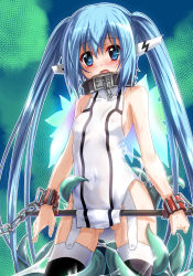 Rule 34 | 1girl, bdsm, blue eyes, blue hair, blush, bondage, bound, bound wrists, breasts, chain, collar, cuffs, fumihiro, highres, long hair, matching hair/eyes, nymph (sora no otoshimono), open mouth, small breasts, solo, sora no otoshimono, spreader bar, sweat, tears, tentacles, thighhighs, twintails, very long hair