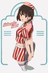 Rule 34 | 1girl, :d, arms behind back, blush, brown hair, character name, collared shirt, hat, hibike! euphonium, highres, holding, holding plate, kamo kamen, long hair, looking at viewer, looking back, looking up, midriff, mole, mole under eye, nakaseko kaori, open mouth, pink hat, plaid, plaid skirt, plate, red eyes, red shirt, red skirt, shirt, short sleeves, skirt, smile, solo, standing, striped clothes, striped shirt, striped skirt, thighhighs, thighs, vertical-striped clothes, vertical-striped shirt, vertical-striped skirt, waitress, white thighhighs, zettai ryouiki