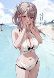 Rule 34 | :o, absurdres, bare arms, bare shoulders, beach, blue eyes, blush, breasts, chigusa minori, cleavage, collarbone, commentary request, cowboy shot, grey hair, hair ornament, hairclip, hands on own face, hands up, highres, large breasts, long hair, looking at viewer, navel, o-ring, open mouth, outdoors, ponytail, saotome shino (shino to ren), shino to ren, solo focus, thighs, translation request, water