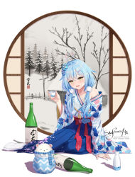 Rule 34 | 1girl, ahoge, alcohol, arm support, blue hair, blue nails, bottle, bow, collarbone, daifuku (yukihana lamy), fence, fingernails, floral print, forest, hair ornament, hairclip, hakama, hakama skirt, heart, heart ahoge, highres, hololive, japanese clothes, kimono, long hair, looking at viewer, low twintails, nail polish, nature, obi, off shoulder, red bow, round window, sake, sake bottle, sash, signature, sitting, skirt, skyrail, smile, snow, solo, sumi-e, tabi, tassel, tree, twintails, virtual youtuber, window, yellow eyes, yokozuwari, yukihana lamy, yukihana lamy (new year)