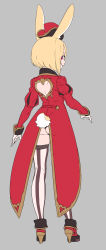 Rule 34 | 1girl, absurdres, animal ears, ass, back cutout, blonde hair, bob cut, boots, clothing cutout, coat, enkyo yuuichirou, from behind, full body, gloves, hair between eyes, hat, heart cutout, high heel boots, high heels, highres, juliet sleeves, long sleeves, looking at viewer, looking back, mini hat, original, profile, puff and slash sleeves, puffy sleeves, rabbit ears, rabbit girl, rabbit tail, red coat, red eyes, red footwear, red hat, shoe soles, short hair, solo, standing, striped clothes, striped thighhighs, tail, thighhighs, vertical-striped clothes, vertical-striped thighhighs, white gloves