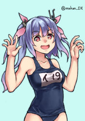 Rule 34 | 1girl, blue background, blue hair, blue one-piece swimsuit, breasts, cowboy shot, fang, flower-shaped pupils, hair ribbon, i-19 (kancolle), kantai collection, large breasts, long hair, maakun (makun dx), name tag, one-hour drawing challenge, one-piece swimsuit, open mouth, red eyes, ribbon, school swimsuit, simple background, smile, solo, star-shaped pupils, star (symbol), swimsuit, symbol-shaped pupils, tri tails, twitter username