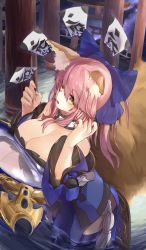 Rule 34 | 1girl, animal ear fluff, animal ears, artist request, bare shoulders, blue kimono, blue legwear, blue ribbon, breast press, breasts, cleavage, commentary, commentary request, detached sleeves, fate/extella, fate/extra, fate/extra ccc, fate/grand order, fate (series), fox ears, fox girl, fox tail, hair ribbon, highres, japanese clothes, kimono, large breasts, looking at viewer, looking to the side, looking up, mirror, outdoors, partially submerged, pink hair, ribbon, see-through, solo, star (sky), star (symbol), starry background, suiten nikkou amaterasu yanoshisu ishi, tail, tamamo (fate), tamamo no mae (fate/extra), yellow eyes