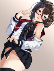Rule 34 | 1girl, animal ears, black hair, black jacket, black panties, black skirt, black thighhighs, blue eyes, blush, bow, bow panties, braid, clothes lift, commentary request, detached sleeves, glasses, gradient background, hair ribbon, highres, jacket, kantai collection, lifting own clothes, long hair, looking at viewer, necktie, open mouth, panties, pleated skirt, red-framed eyewear, red necktie, ribbon, semi-rimless eyewear, shigure (kancolle), shigure kai ni (kancolle), shirt, simple background, skirt, skirt lift, smile, solo, standing, thighhighs, torisan, under-rim eyewear, underwear, white shirt