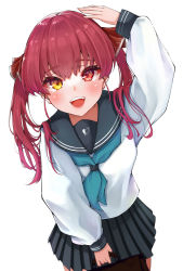 Rule 34 | 1girl, absurdres, blush, breasts, hair ribbon, heterochromia, highres, hololive, houshou marine, kohe billialot, large breasts, long hair, looking at viewer, open mouth, red eyes, red hair, red ribbon, ribbon, sailor collar, school uniform, serafuku, smile, solo, twintails, virtual youtuber, yellow eyes