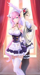 Rule 34 | 2girls, absurdres, alternate costume, apron, armpits, arms up, back-to-back, black dress, blue eyes, brightlight, brown hair, brown pantyhose, closed mouth, curtains, dress, elf, elysia (honkai impact), elysia (miss pink elf) (honkai impact), enmaided, flower, frilled dress, frills, hair flower, hair ornament, highres, honkai (series), honkai impact 3rd, indoors, long hair, looking at viewer, maid, maid apron, maid headdress, multiple girls, pantyhose, pink hair, pointy ears, purple eyes, red flower, red rose, rita rossweisse, rita rossweisse (umbral rose), rose, thighhighs, white thighhighs