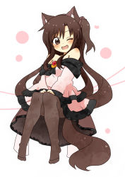 Rule 34 | 1girl, ;d, animal ear fluff, animal ears, blush, breasts, brown eyes, brown hair, brown pantyhose, brown scrunchie, commentary request, dress, fang, full body, hair between eyes, hair ornament, hair scrunchie, head tilt, heart, highres, imaizumi kagerou, long hair, long sleeves, no shoes, off-shoulder dress, off shoulder, one eye closed, one side up, open mouth, pantyhose, pink dress, scrunchie, sitting, small breasts, smile, solo, tail, totoharu (kujirai minato), touhou, very long hair, wide sleeves, wolf ears, wolf girl, wolf tail