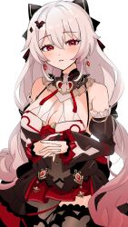 Rule 34 | 1girl, awe (adorableduckyy), black dress, breasts, cleavage, commentary request, cover, cowboy shot, detached sleeves, dress, frilled sleeves, frills, highres, honkai (series), honkai impact 3rd, interlocked fingers, korean commentary, large breasts, long hair, long sleeves, looking at viewer, orange eyes, parted lips, puffy detached sleeves, puffy sleeves, red dress, simple background, solo, theresa apocalypse, theresa apocalypse (luna kindred), theresa apocalypse (lunar vow: crimson love), thighhighs, two-tone dress, very long hair, white background, white hair, wide sleeves