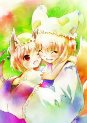 Rule 34 | 2girls, animal ears, artist request, bad id, bad pixiv id, blush, brown hair, cat ears, cat girl, cat tail, chen, earrings, closed eyes, fang, female focus, fox tail, hat, highres, holding, jewelry, mixed media, multiple girls, multiple tails, one eye closed, painting (medium), red eyes, saeki touma, tail, touhou, traditional media, watercolor (medium), wink, yakumo ran