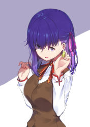Rule 34 | 1girl, blue eyes, blue hair, blush, breasts, commentary request, earrings, fate/stay night, fate (series), hair between eyes, hair ribbon, heaven&#039;s feel, homurahara academy school uniform, jewelry, kaname (melaninusa09), large breasts, long hair, long sleeves, looking at viewer, matou sakura, purple hair, purple ribbon, red neckwear, ribbon, school uniform, shadow, shirt, simple background, solo, upper body, white shirt