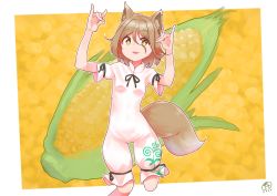 Rule 34 | 1girl, animal ears, arms up, blonde hair, border, bow, eyes visible through hair, fox ears, fox tail, green bow, hair between eyes, hands up, highres, jumpsuit, kudamaki tsukasa, leg up, looking away, open mouth, running, short hair, short sleeves, smile, solo, tail, touhou, white border, white jumpsuit, yellow background, yellow eyes, zanasta0810