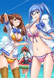 Rule 34 | 3girls, absurdres, aoki hagane no arpeggio, bare shoulders, barefoot, bikini, bikini under clothes, black hair, blouse, blue eyes, blue hair, blush, breasts, brown hair, character name, cleavage, collarbone, competition swimsuit, female focus, gluteal fold, groin, tucking hair, highres, holding, holding swim ring, hyuuga (aoki hagane no arpeggio), innertube, itsuki sayaka, legs apart, legs together, looking at viewer, mole, mole under mouth, multiple girls, navel, ocean, one-piece swimsuit, open clothes, open mouth, open shirt, outdoors, parted lips, pink bikini, ponytail, red eyes, shiny skin, shirt, smile, standing, standing on one leg, swim ring, swimsuit, takao (aoki hagane no arpeggio), toes, twintails, water, yellow bikini, yellow eyes, zuikaku (aoki hagane no arpeggio)