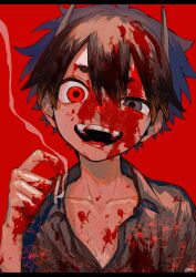 Rule 34 | 1boy, between fingers, black eyes, black hair, blood, blood on clothes, blood on face, blood splatter, child, cigarette, commentary request, crazy, crazy eyes, crazy grin, crazy smile, guro, hair between eyes, heterochromia, highres, holding, holding cigarette, horror (theme), male focus, original, red background, red eyes, shinagire (sinanohaka), smile, smoke, smoking, teeth, uneven eyes, upper body, yandere