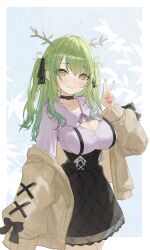 Rule 34 | 1girl, absurdres, antlers, arch 05x, arms up, black bow, black choker, black skirt, blush, bow, braid, branch, breasts, cardigan, ceres fauna, ceres fauna (jirai kei), choker, cleavage cutout, clothing cutout, flower, frilled skirt, frills, green hair, hair flower, hair ornament, hair ribbon, highres, hololive, hololive english, horns, jewelry, large breasts, long hair, long sleeves, looking at viewer, mole, mole under eye, multicolored hair, nail polish, official alternate costume, official alternate hairstyle, open cardigan, open clothes, pink nails, purple ribbon, ribbon, see-through, see-through skirt, shirt, skirt, smile, solo, streaked hair, suspenders, twintails, v, virtual youtuber, yellow eyes