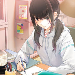 Rule 34 | 1girl, black hair, commentary request, from side, grey hoodie, grey sweater, highres, holding, holding pen, hood, hoodie, indoors, kazuharu kina, low twintails, medium hair, notebook, original, pen, sitting, solo, sweater, twintails, upper body