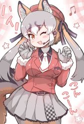 Rule 34 | 1girl, :3, animal ears, black shirt, blush, claw pose, collared shirt, cowboy shot, fox ears, fox girl, fox tail, frilled skirt, frills, fur trim, gloves, grey gloves, grey hair, grey pantyhose, grey skirt, highres, island fox (kemono friends), jacket, kemono friends, kemono friends v project, light brown hair, long hair, long sleeves, looking at viewer, multicolored hair, necktie, official alternate costume, one eye closed, open mouth, orange eyes, orange jacket, orange pantyhose, pantyhose, pleated skirt, shirt, skirt, solo, sound effects, tail, tanaka kusao, translated, twintails, two-tone hair, two-tone legwear, virtual youtuber, white fur, white necktie