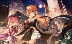 Rule 34 | 3girls, ahoge, arm cuffs, black thighhighs, blonde hair, blush, car, car interior, cat, character request, city, cleavage cutout, clothing cutout, detached sleeves, dress, elbow gloves, epic seven, fireworks, full moon, garter straps, gloves, highres, kokonex, leaning forward, looking at viewer, moon, motor vehicle, multiple girls, night, one side up, open door, orange hair, outdoors, pink hair, red eyes, side ponytail, sitting, sleeveless, sleeveless dress, smile, standing, strapless, strapless dress, thighhighs, twintails, yellow eyes