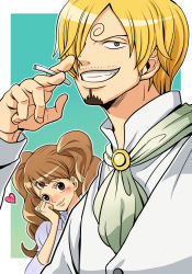 Rule 34 | 1boy, 1girl, ascot, blonde hair, blush, charlotte pudding, cigarette, facial hair, goatee, hair over one eye, heart, hetero, highres, living (pixiv5031111), long hair, looking at another, male focus, official alternate costume, one piece, sanji (one piece), smile, spoilers, swept bangs, third eye, twintails
