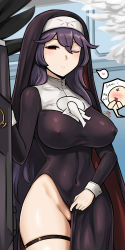 Rule 34 | 1girl, ;), absurdres, bad id, bad pixiv id, blush, breasts, covered erect nipples, covered navel, highres, jazz jack, last origin, long hair, looking at viewer, no panties, nun, one eye closed, partially visible vulva, purple hair, red eyes, smile, thigh strap, veronica type-asc