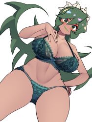 Rule 34 | 1girl, alternate costume, bellupup, blush, bra, breasts, cleavage, collarbone, dark-skinned female, dark skin, dutch angle, eyeshadow, fukua (skullgirls), green eyes, green hair, green lips, hand on own hip, hand on own chest, highres, lace, lace-trimmed bra, lace-trimmed panties, lace trim, large breasts, lipstick, long hair, looking at viewer, makeup, navel, panties, skullgirls, smile, solo, underwear, underwear only, white background