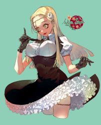 Rule 34 | 1girl, :d, black dress, black gloves, blonde hair, breasts, buttons, covered erect nipples, cropped legs, dated, double-breasted, dress, fang, gloves, green background, green eyes, hand up, highres, large breasts, long hair, open mouth, original, petticoat, pigeon666, puffy short sleeves, puffy sleeves, shirt, short sleeves, signature, simple background, smile, solo, standing, stitched arm, stitched leg, stitches, white shirt