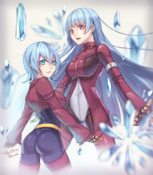 Rule 34 | 2girls, arms at sides, ass, blue eyes, blue hair, blunt bangs, breasts, candy diamond, cowboy shot, from behind, gloves, hair between eyes, highres, ice, jacket, kula diamond, large breasts, leotard, long hair, looking at viewer, looking back, multiple girls, open mouth, pants, personification, red eyes, short hair, sideboob, smile, snk, tenjou tsuki, the king of fighters, thighhighs, very long hair