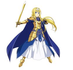 Rule 34 | 10s, 1girl, alice zuberg, armor, armored boots, armored dress, blonde hair, blue cape, blue eyes, boots, cape, floating hair, full body, hairband, holding, holding sword, holding weapon, long hair, looking at viewer, simple background, solo, standing, sword, sword art online, very long hair, weapon, white background, white hairband