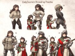 Rule 34 | ahoge, armor, belt, belt pouch, brown hair, dressing another, gambeson, gauntlets, greaves, helmet, highres, holding, holding weapon, ironlily, knight, long hair, long sleeves, lucerne hammer, medieval, armored boots, multiple girls, original, pants, polearm, polehammer, pouch, scabbard, sheath, short hair, standing, sword, weapon