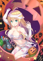 Rule 34 | 1girl, ahoge, bandages, blonde hair, breasts, candy, commentary request, dies irae, food, green eyes, halloween, halloween costume, hat, highres, jack-o&#039;-lantern, large breasts, long hair, looking at viewer, marie (dies irae), mummy costume, naked bandage, navel, okina (805197), orange background, pumpkin, scar, scar on neck, shinza bansho series, solo, very long hair, witch hat