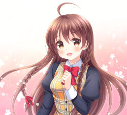 Rule 34 | 1girl, ahoge, bad id, bad pixiv id, braid, brown eyes, brown hair, commentary request, floral background, gradient background, hand on own chest, karen (sister princess), long hair, looking at viewer, pink background, plaid, plaid vest, red neckwear, shizuki aya, sister princess, smile, solo, upper body, vest, virtual youtuber