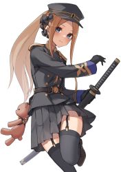 Rule 34 | 1girl, abigail williams (fate), absurdres, black bow, black gloves, black hat, black jacket, black skirt, black thighhighs, blonde hair, blue eyes, blush, bow, breasts, brown footwear, closed mouth, fate/grand order, fate (series), forehead, gloves, hair bow, hat, highres, holding, holding weapon, jacket, katana, kopaka (karda nui), long hair, long sleeves, looking at viewer, military, military hat, military jacket, military uniform, multiple hair bows, parted bangs, ponytail, sheath, sheathed, shoes, simple background, skirt, small breasts, stuffed animal, stuffed toy, sword, teddy bear, thighhighs, uniform, weapon, white background
