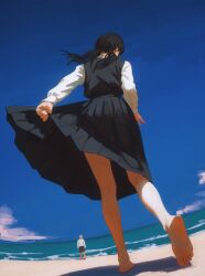 Rule 34 | 1girl, barefoot, beach, black dress, black hair, chainsaw man, clothes pull, cloud, dress, dress pull, feet, foot focus, full body, highres, long hair, low twintails, mitaka asa, ocean, outdoors, pleated dress, shadow, shirt, sky, standing, twintails, water, white shirt, yao liao wang