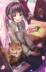 Rule 34 | 1girl, :d, aiuabo, animal, bird, black eyes, black hair, black ribbon, book, box, braid, breast pocket, bug, butterfly, cardboard box, caterpillar, cherry blossoms, collared shirt, commentary request, crown braid, cup, flower, grey shirt, hair flower, hair ornament, highres, holding, holding cup, in tree, insect, long hair, long sleeves, looking at viewer, mug, nail polish, neck ribbon, open book, open mouth, original, outdoors, owl, petals, picture book, pink flower, pocket, ribbon, shirt, sidelocks, sitting, sitting in tree, skirt, smile, solo, spring (season), squirrel, striped clothes, striped shirt, takenoko no sato, tree, twintails, vertical-striped clothes, vertical-striped shirt