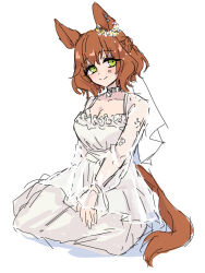 Rule 34 | 1girl, animal ears, aston machan (umamusume), breasts, brown hair, cleavage, closed mouth, commentary request, dress, full body, green eyes, hair between eyes, hide oo, highres, horse ears, horse girl, horse tail, medium breasts, see-through, see-through sleeves, shadow, simple background, sleeves past wrists, smile, solo, tail, umamusume, white background, white dress