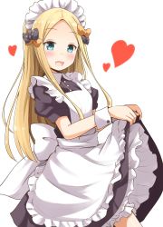 Rule 34 | 1girl, abigail williams (fate), absurdres, aikawa ryou, apron, black bow, black dress, blonde hair, blue eyes, bow, clothes lift, commentary request, dot nose, dress, dress lift, fate/grand order, fate (series), hair bow, hair ornament, heart, highres, long hair, looking at viewer, maid, maid apron, maid headdress, open mouth, orange bow, parted bangs, polka dot, polka dot bow, puffy short sleeves, puffy sleeves, short sleeves, simple background, solo, white apron, white background, white headdress, wrist cuffs