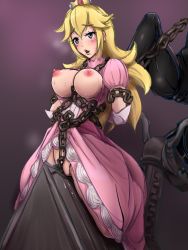 Rule 34 | 1girl, artist request, bdsm, blonde hair, blue eyes, blush, bondage, bound, breasts, cameltoe, chain, crown, dress, gradient background, heavy breathing, long hair, mario (series), multiple girls, nintendo, nipples, open mouth, parted lips, princess peach, restrained, skin tight, super mario bros. 1, sweat, torture, wooden horse