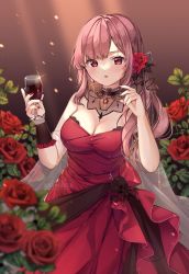 Rule 34 | 1girl, blush, breasts, commentary, cup, detached collar, dress, english commentary, flower, hair flower, hair ornament, highres, holding, holding cup, hololive, hololive english, large breasts, long hair, looking at viewer, mori calliope, mori calliope (party dress), parted lips, pink hair, red dress, red eyes, red flower, red rose, rose, shizukodesu, solo, strapless, strapless dress, virtual youtuber
