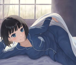 Rule 34 | 1girl, bed, bent over, black hair, blanket, blue eyes, blue pajamas, blue pants, blue shirt, blunt bangs, blunt ends, blush, bob cut, botan m, breasts, closed mouth, collarbone, commentary, commission, condensation, curled up, head rest, holding, holding blanket, indoors, large breasts, long sleeves, looking at viewer, lying, on bed, on side, original, paid reward available, pajamas, pants, shirt, short hair, smile, solo, tree, under covers, water drop, window