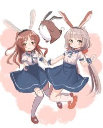 Rule 34 | 2girls, alternate costume, animal ears, blouse, blue neckwear, blue skirt, bokukawauso, brown eyes, brown hair, commentary request, green eyes, grey hair, kantai collection, kneehighs, long hair, long skirt, low twintails, matching outfits, mikura (kancolle), multiple girls, neck ribbon, otter, puffy short sleeves, puffy sleeves, rabbit ears, red footwear, ribbon, shirt, short sleeves, skirt, socks, thighhighs, twintails, white legwear, white shirt, wss (nicoseiga19993411), yashiro (kancolle)